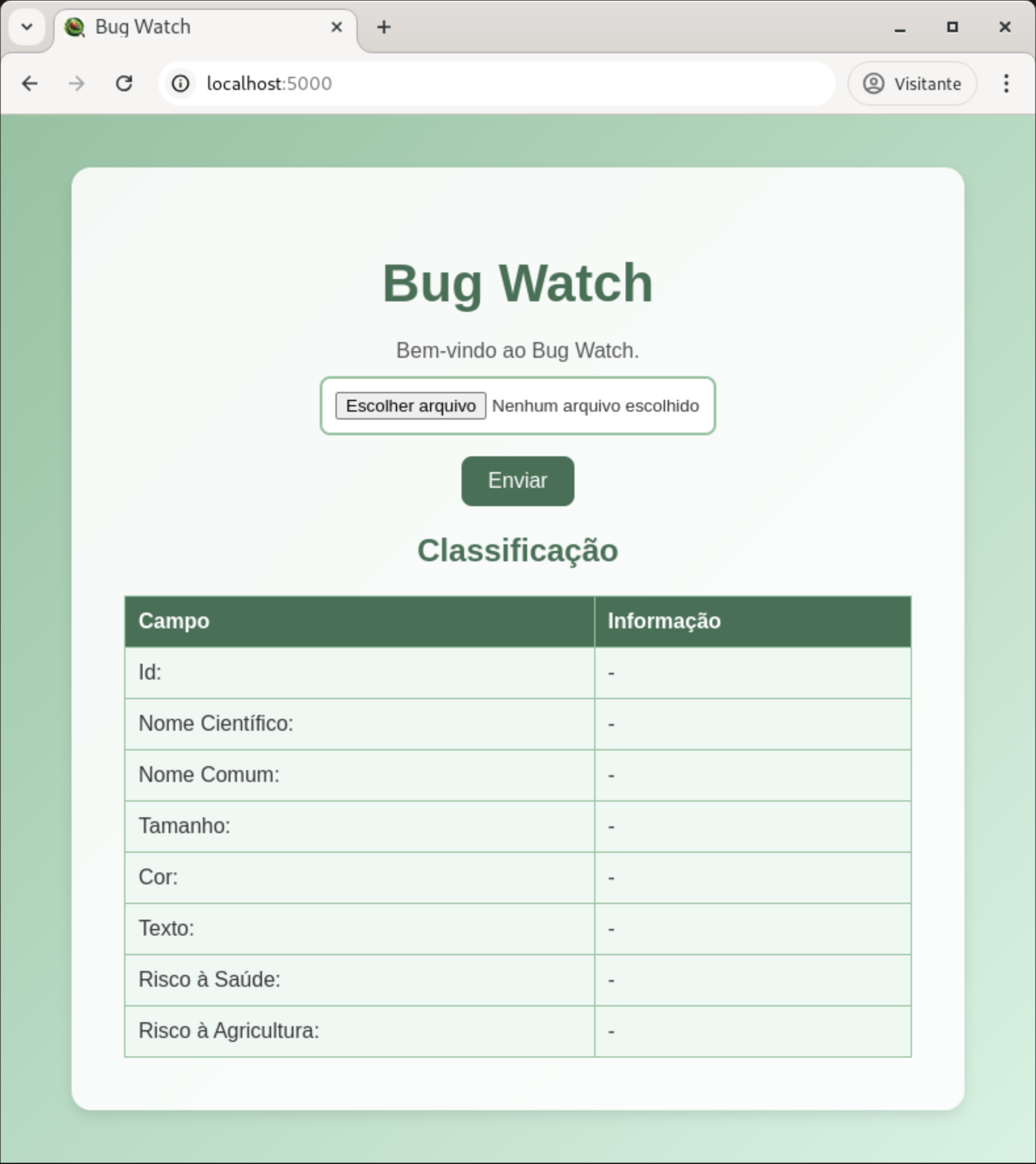 Captura de tela da interface web do Bug Watch