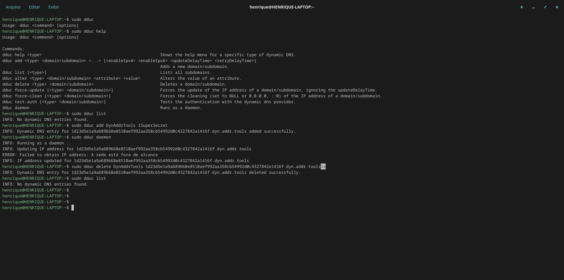 Screenshot of the execution of the Dynamic DNS Update Client command line program. On this screenshot is shown the execution of the following commands: 'sudo dduc; sudo dduc help; sudo dduc list; sudo dduc add DynAddrTools 1SuperSecret; sudo dduc daemon; sudo dduc delete DynAddrTools 1d23d5e1a9a689668e8510aef992aa358cb54992d0c4327842a1416f.dyn.addr.tools'.