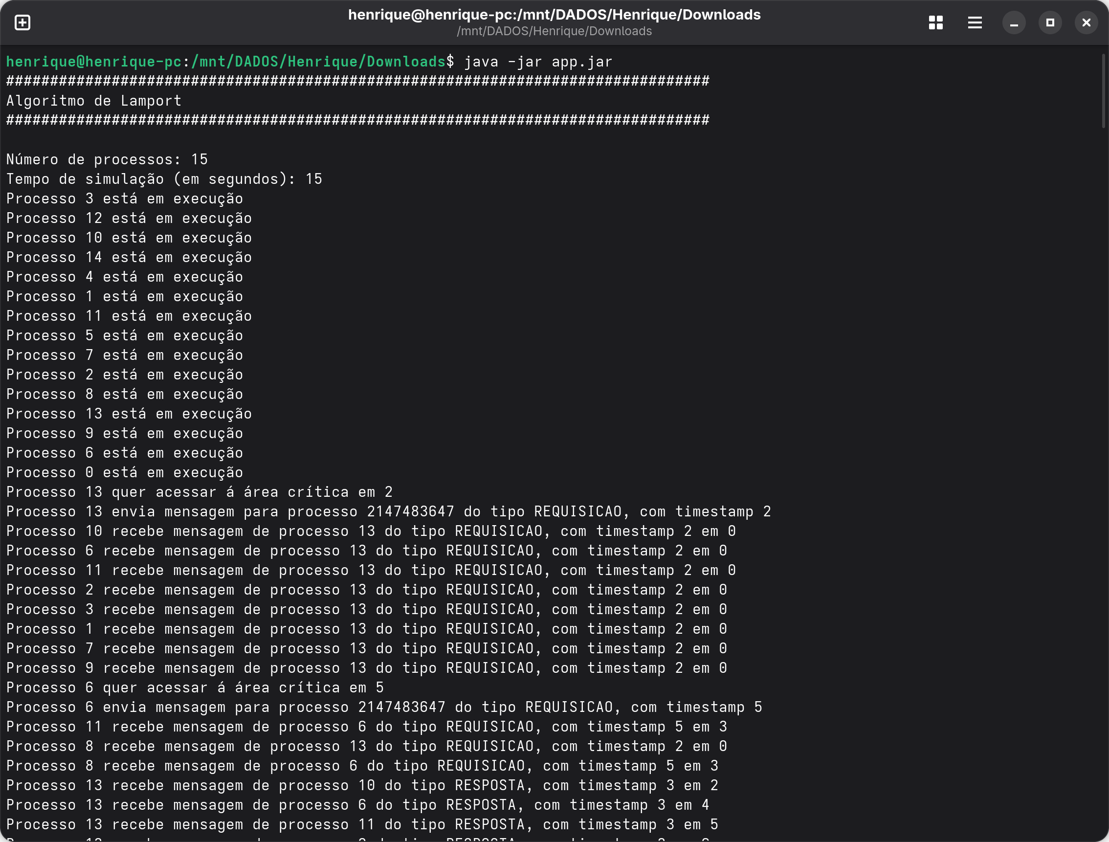 Simulação da execução do programa de simulação de exclusão mútua distribuída
