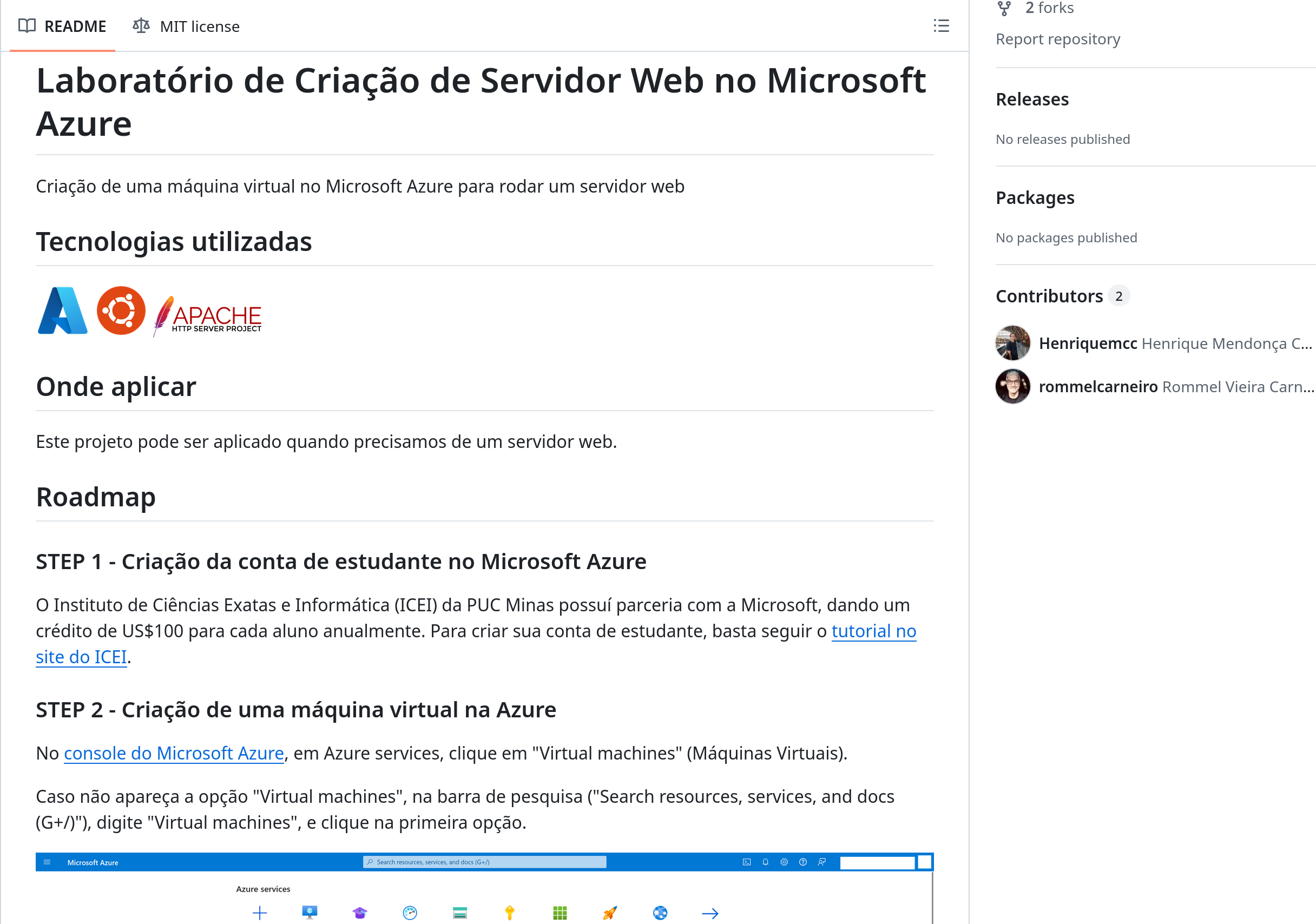 Captura de tela da página do GitHub do Laboratório de Criação de Servidor Web no Microsoft Azure