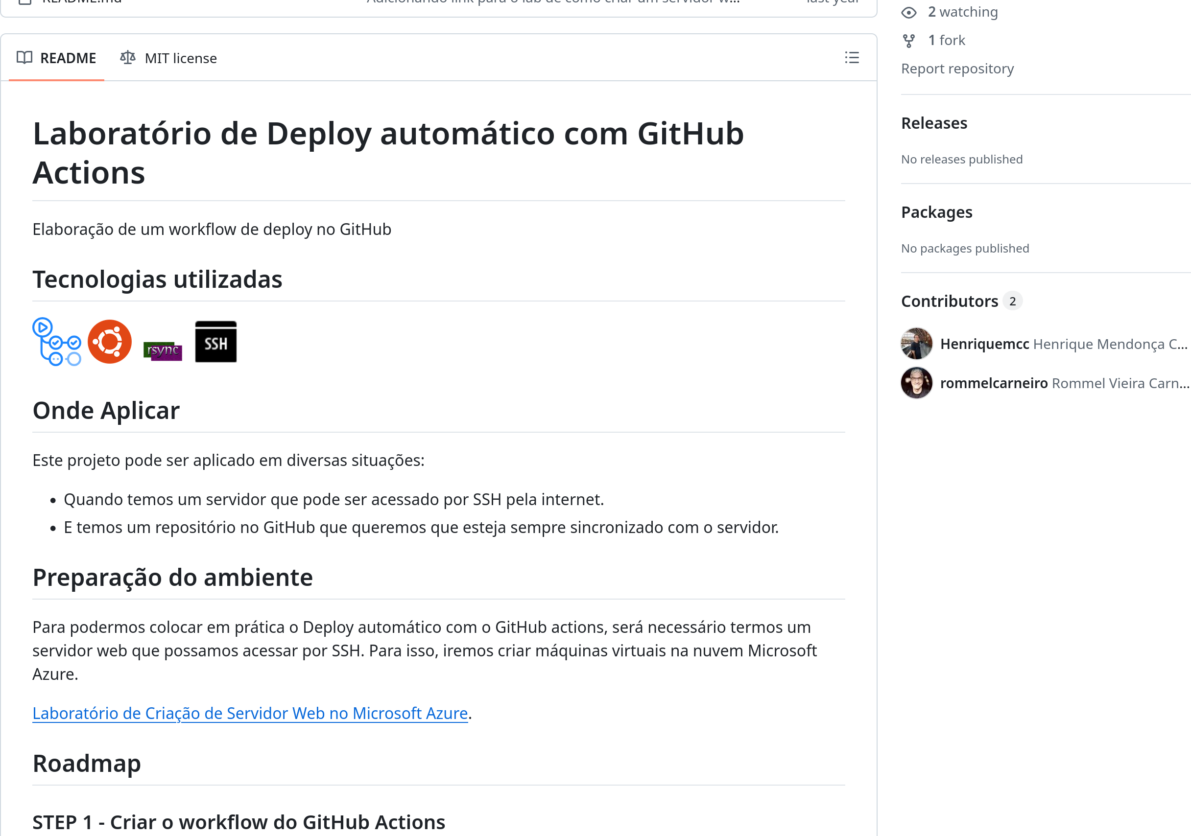 Captura de tela da página do GitHub do Laboratório de Deploy automático com GitHub Actions