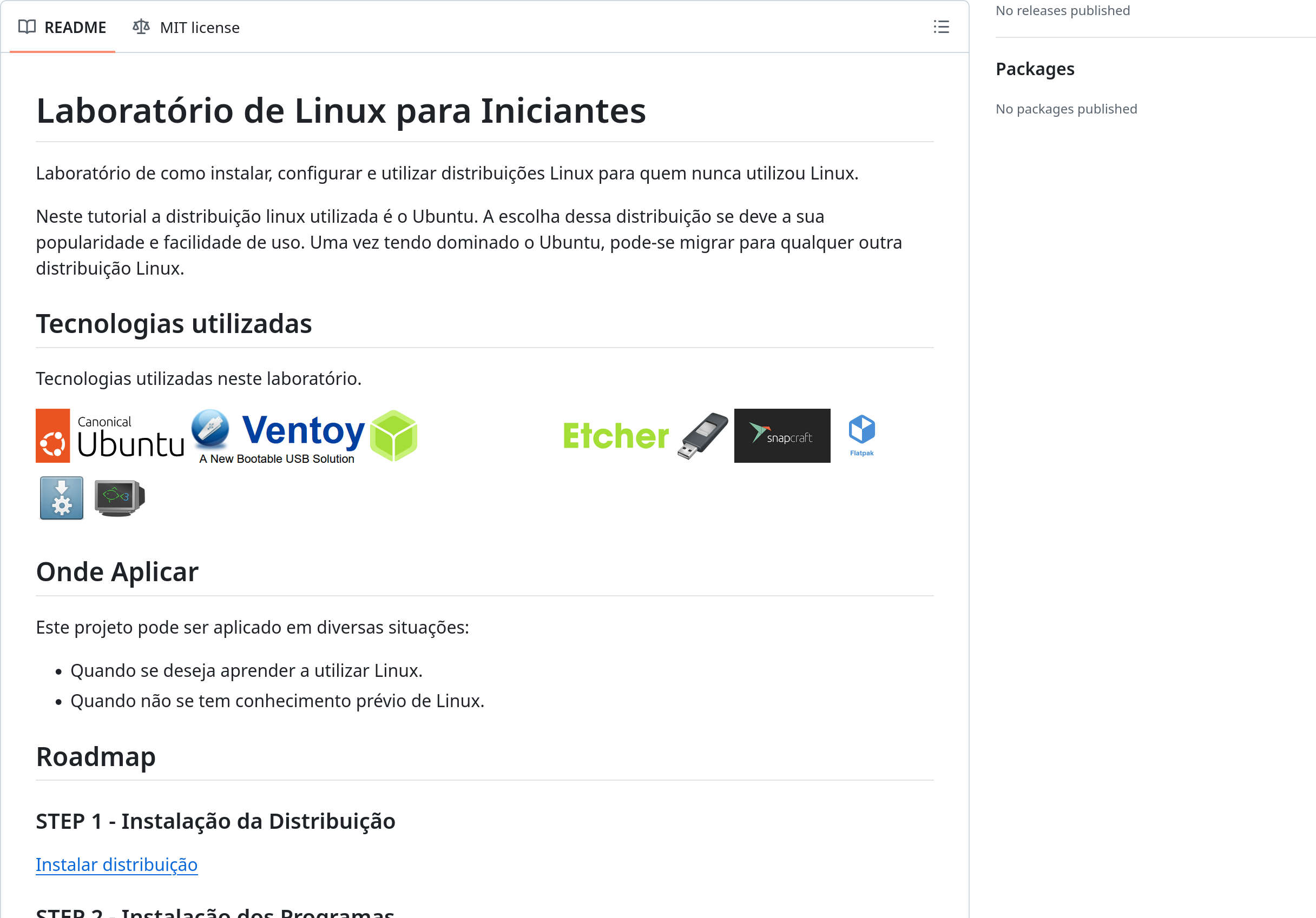 Captura de tela da página do GitHub do Laboratório de Linux para Iniciantes