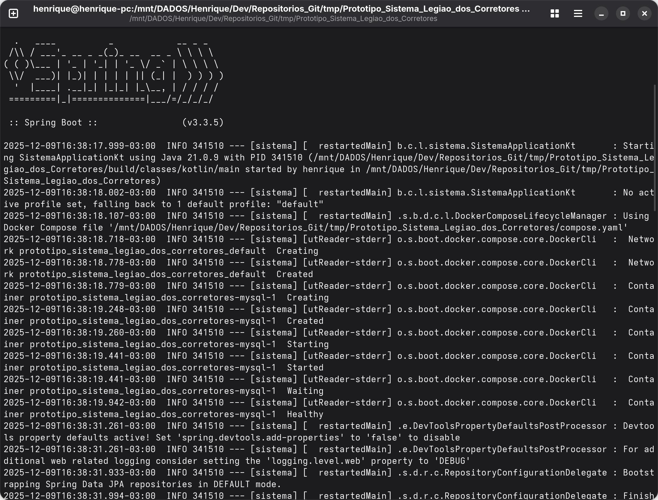 Captura de tela da execução do Protótipo do back-end do Sistema do Legião dos Corretores