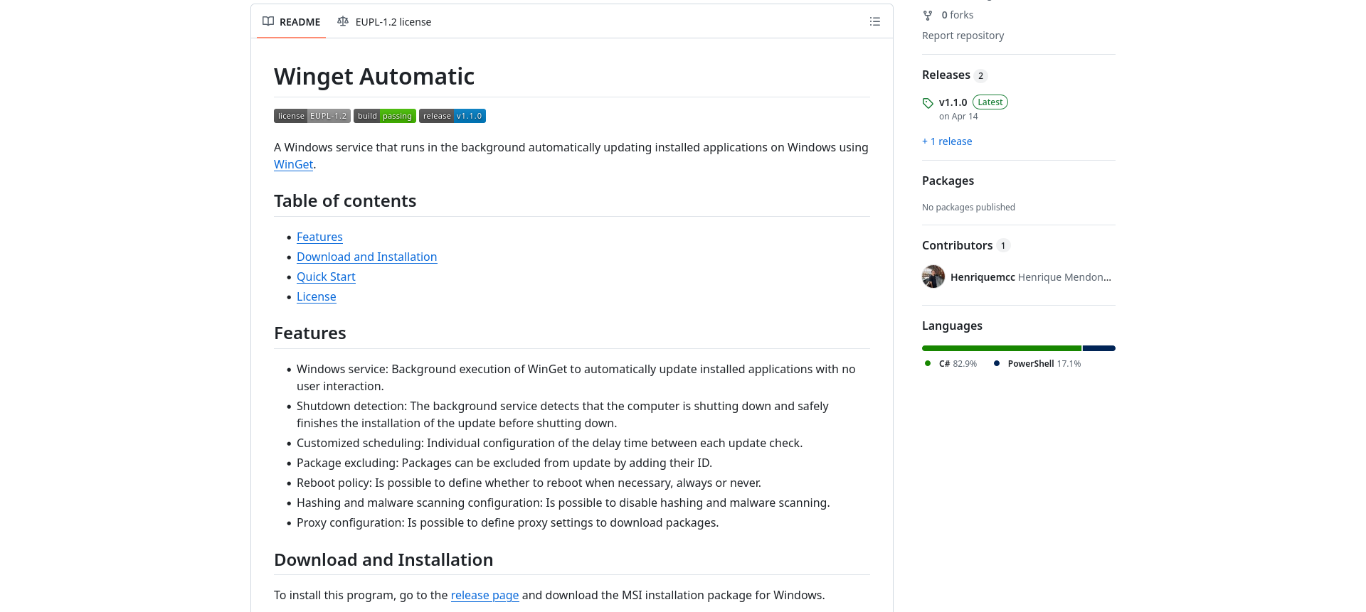 Screenshot of Winget Automatic GitHub page